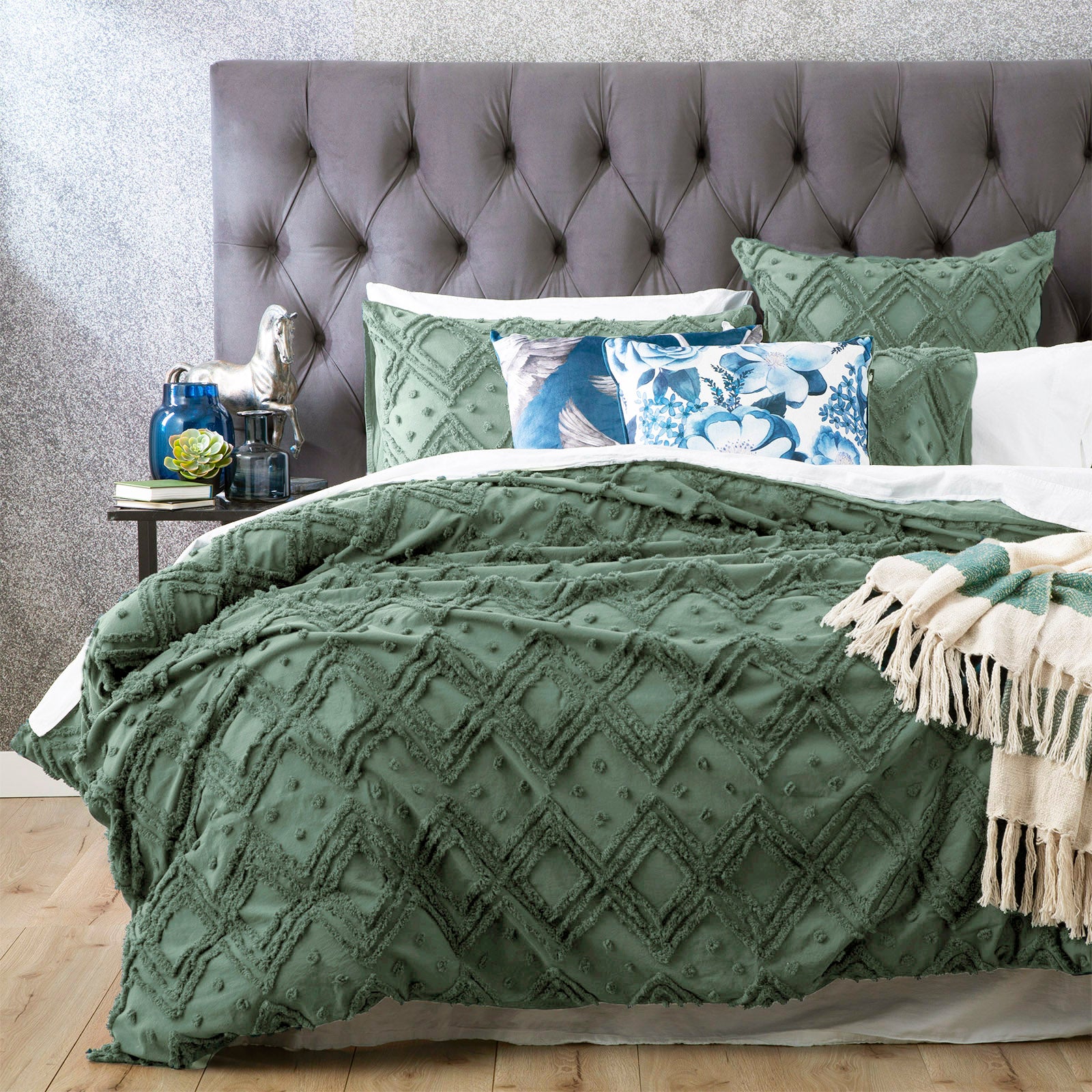 Medallion Sage Cotton Vintage Washed Tufted Quilt Cover set European P/Case