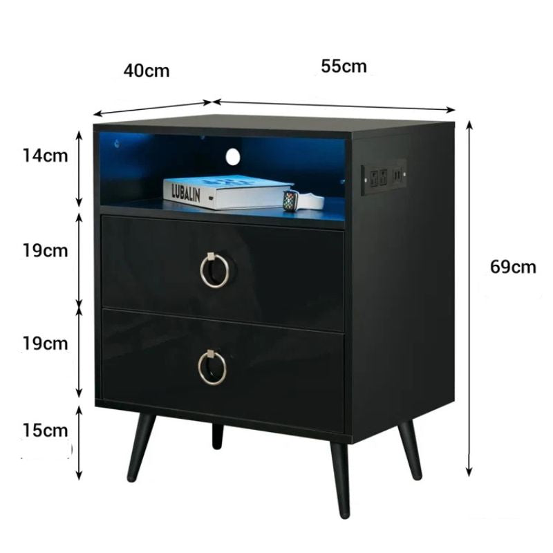 Amelia LED Bedside Table – Black – Single