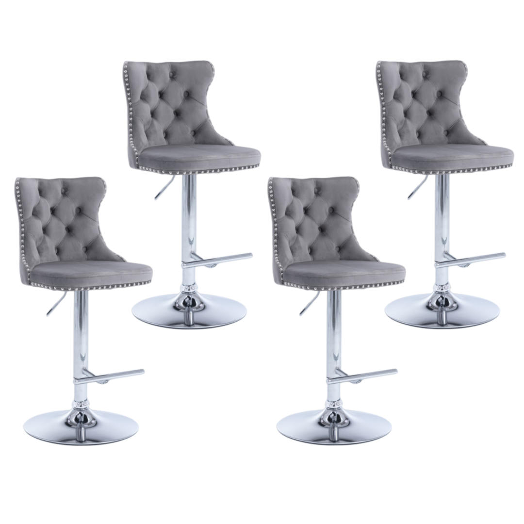 Cove 4x Height Adjustable Swivel Bar Stool Velvet Stud Barstool with Footrest and Chromed Base - Gray
