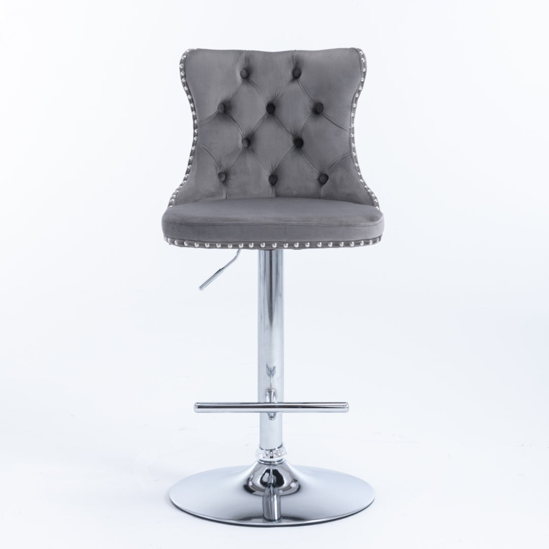 Sterling Velvet Swivel Bar Stools with Footrest – Grey – Set of 2