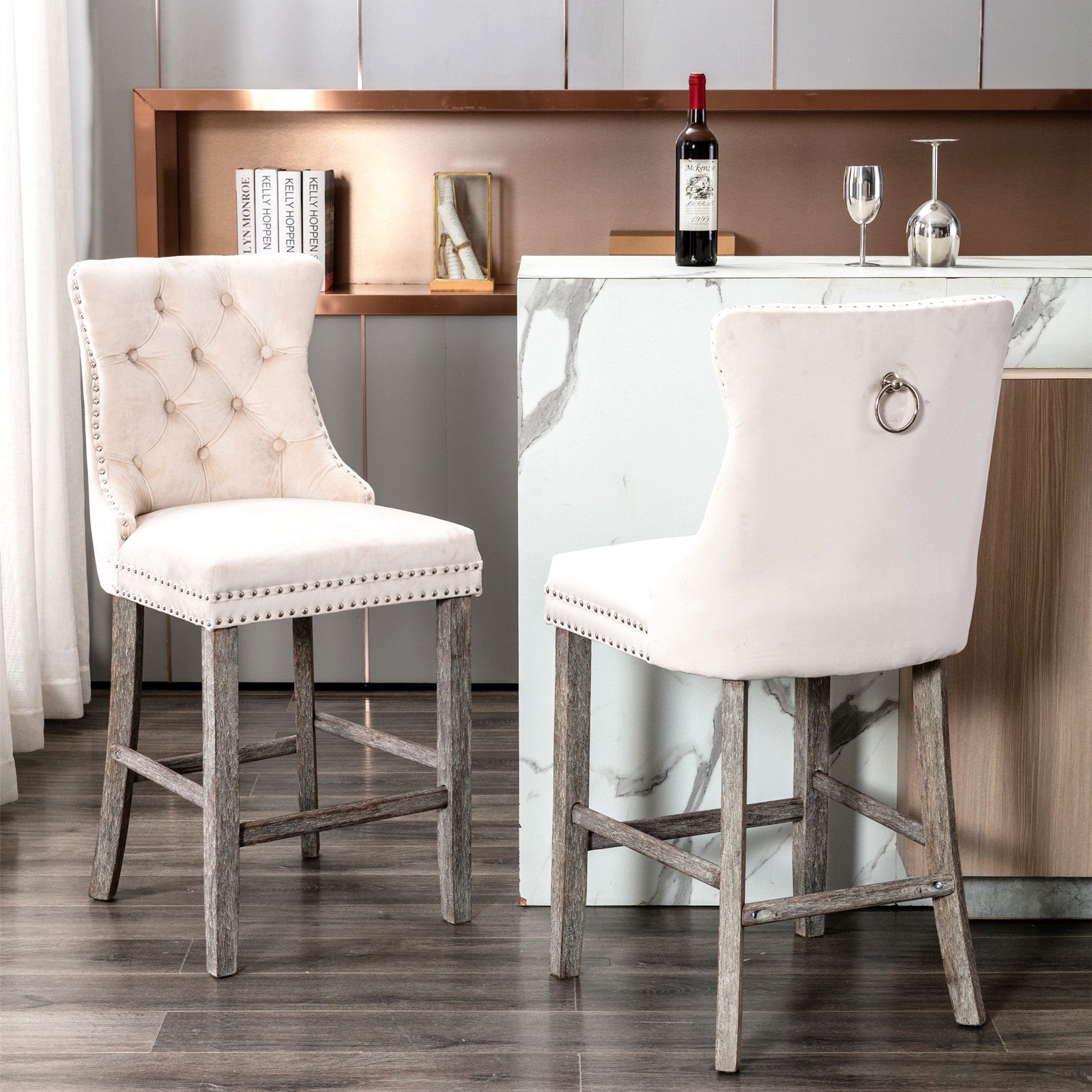 Cove 2X Velvet Bar Stools with Studs Trim Wooden Legs Tufted Dining Chairs Kitchen