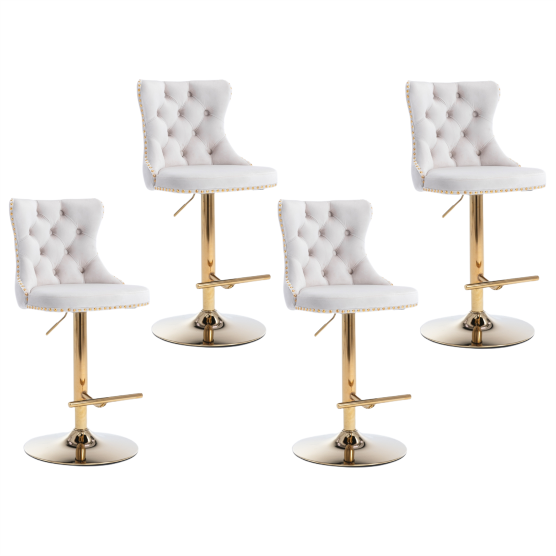Arlo 4x Height Adjustable Swivel Bar Stool Velvet Studs Barstool with Footrest and Golden Base - Beige