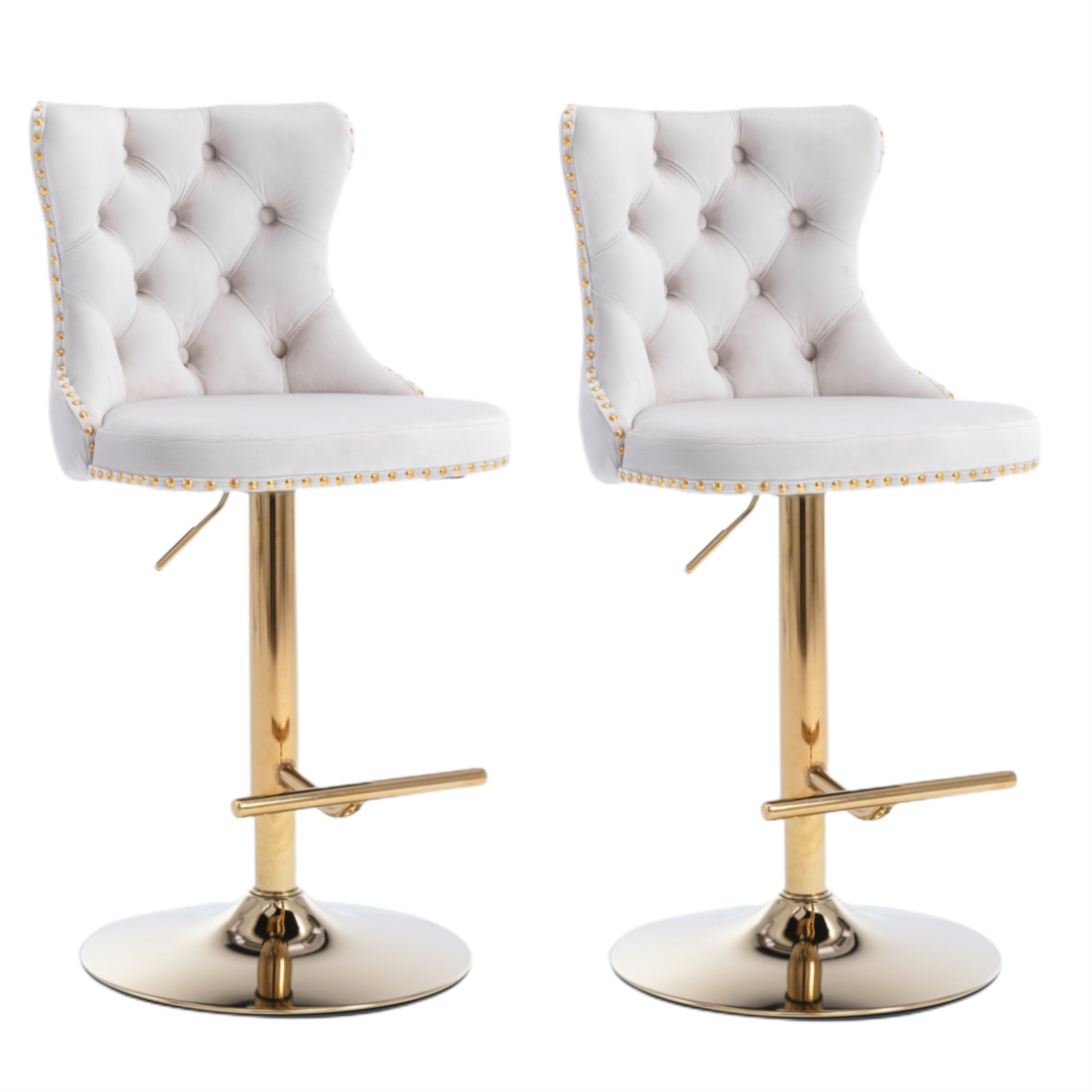 Rowan 2x Height Adjustable Swivel Bar Stool Velvet Studs Barstool with Footrest and Golden Base - Beige