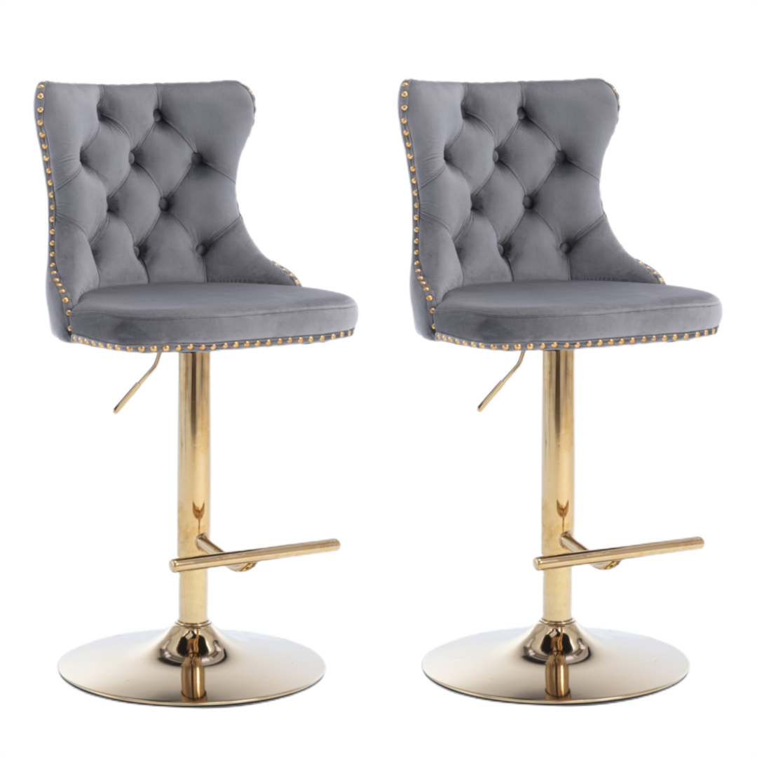 Linden 2x Height Adjustable Swivel Bar Stool Velvet Studs Barstool with Footrest and Golden Base - Grey