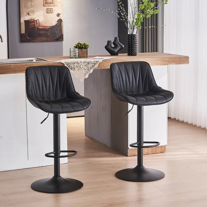 Atlas SERENITà Black Modern Height Adjustable Swivel Bar Stools Upholstered Leather Barstool Kitchen Island Chairs with Metal Frame (Set of 2)