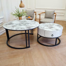 Snowy Mountain Faux Modern Marble Slate Nesting Coffee Table Set Leather Wrapped Wood Drawers