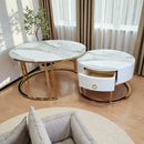 Snowy Mountain Faux Modern Marble Slate Nesting Coffee Table Set Leather Wrapped Wood Drawers
