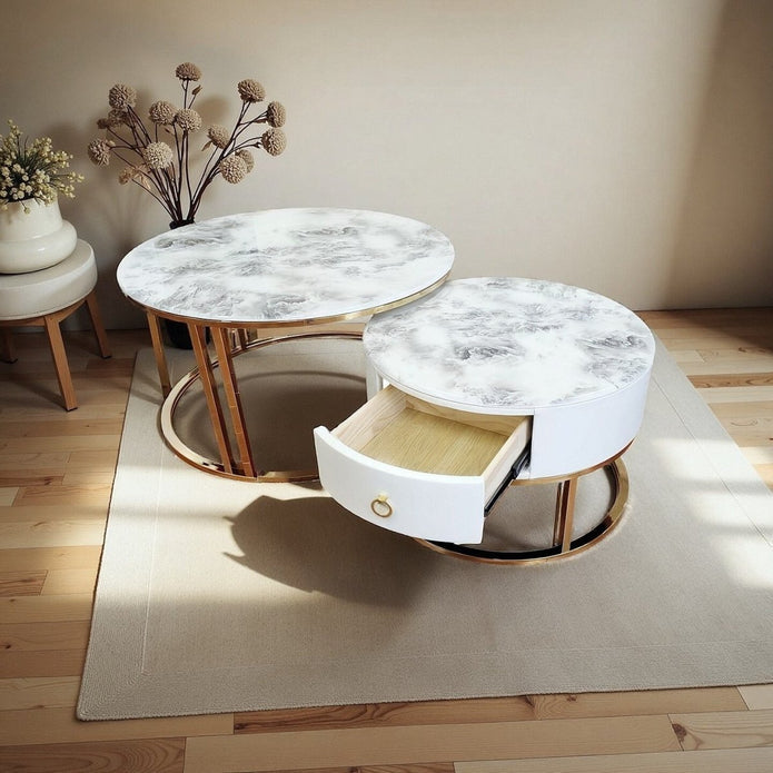 Alderon Nesting Coffee Table Set – Gold & White – Set of 2