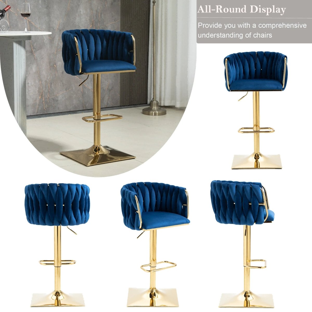 Callan Velvet Swivel Bar Stools with Backrest – Blue – Set of 2