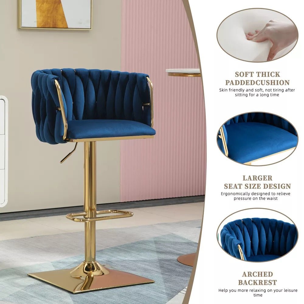 Callan Velvet Swivel Bar Stools with Backrest – Blue – Set of 2