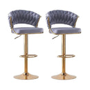 Cove 2x Height Grey Velvet Padded Golden Round Base Barstools Chairs