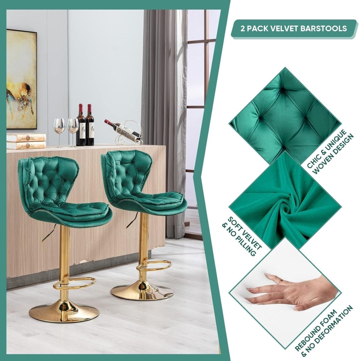 Emerald Velvet Swivel Bar Stools – Green – Set of 2