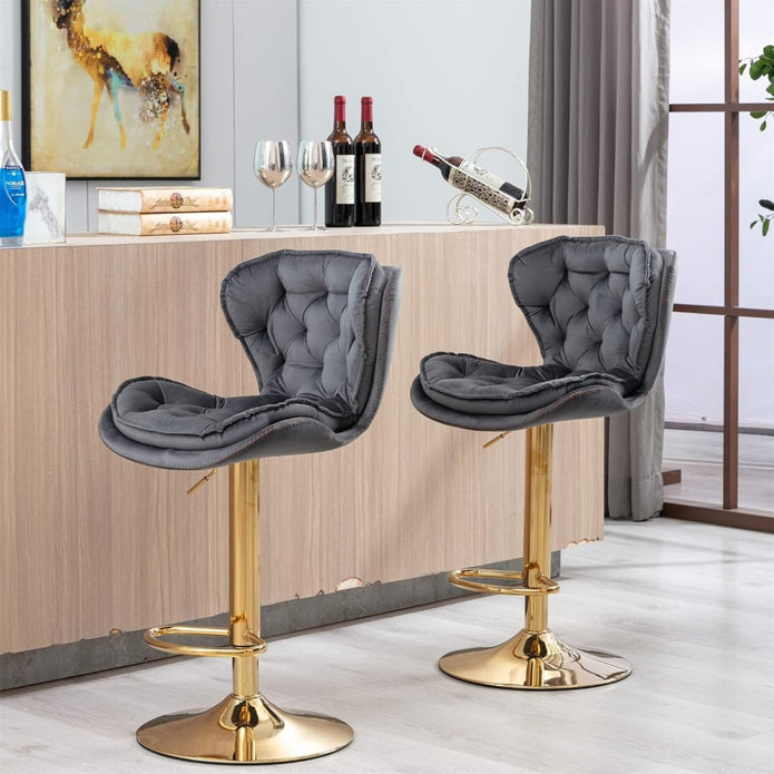 Rowan SERENITà Swivel Bar Stools Set of 2 Counter Height Barstools with Back Velvet Upholstered Adjustable Stool Chair Min Century Modern Bar Stool for Kitchen Island (Grey)