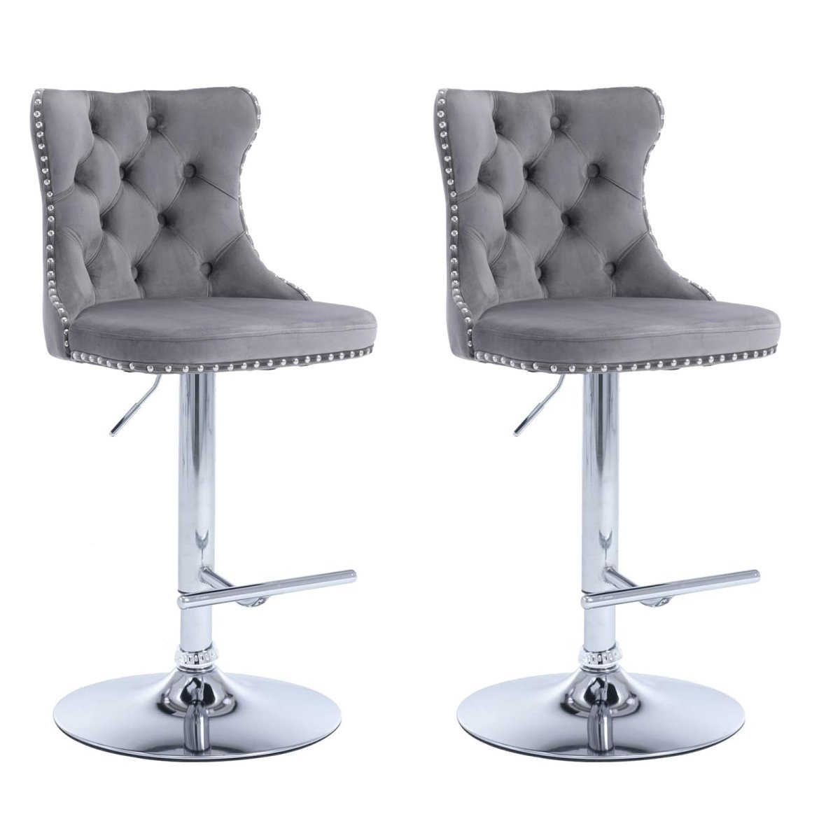 Linden SERENITà Gray Velvet Bar Stools Adjustable Swivel Counter Height Chairs with Tufted Back and Nailhead Trim for Kitchen Island Pub Restaurant (2Pcs, Chrome Metal, Grey)