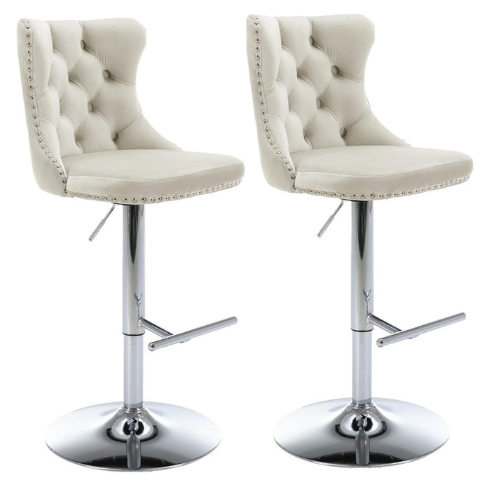 Linden SERENITà Ivory Velvet Bar Stools Adjustable Swivel Counter Height Chairs with Tufted Back and Nailhead Trim for Kitchen Island Pub Restaurant (2Pcs, Chrome Metal)