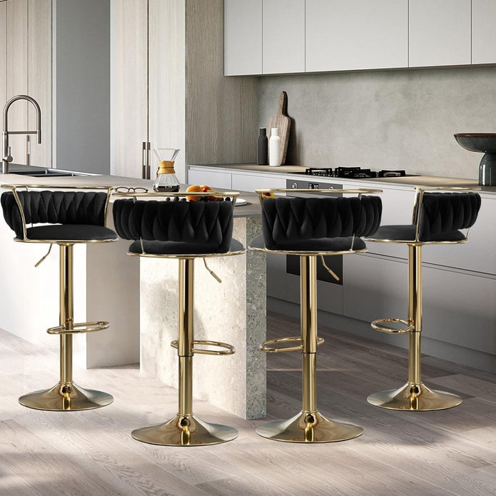 Valentina Velvet Swivel Bar Stool – Black with Gold Base – Set of 2