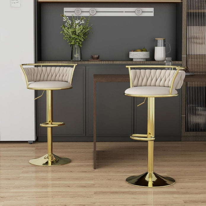Haven SERENITà Golden Swivel Upholstered Velvet Adjustable Height Counter Stool with Metal Frame Ivory (Set of 2)