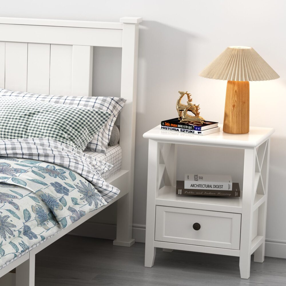 Nara 2-Tier Bedside Tables with Storage Drawer – White – Set of 2