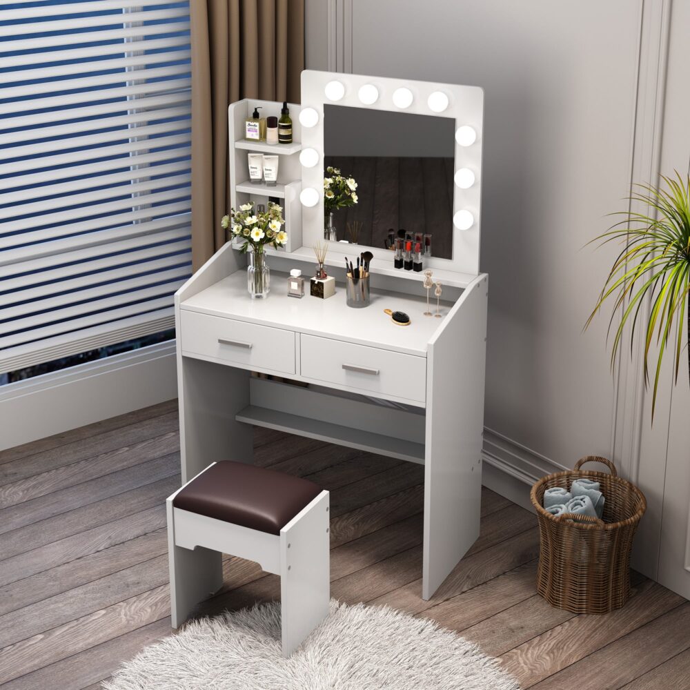 Diana Vanity Set with Shelves Cushioned Stool and Lighted Mirror - White