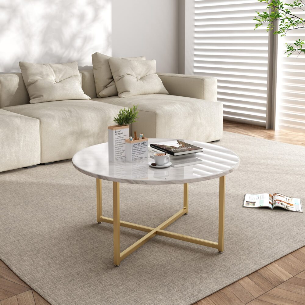 Haven Marble Effect Coffee Table – White & Gold – Round