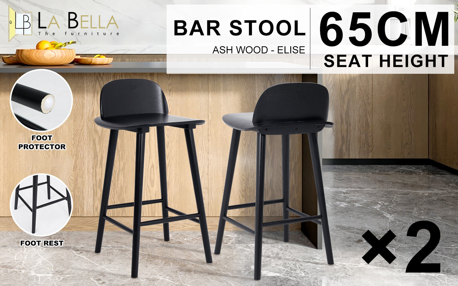 Haven Wooden Bar Stools – Black – Set of 2