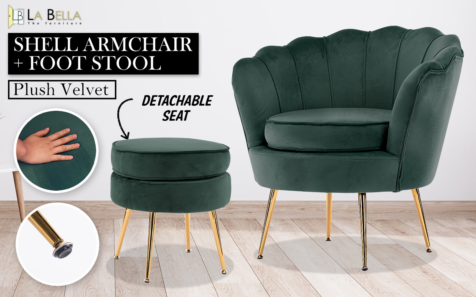 Scallop Shell Accent Chair & Ottoman Set – Green – Single