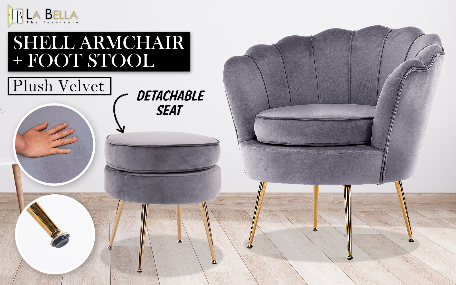 Scallop Shell Accent Chair & Ottoman Set – Grey – Single