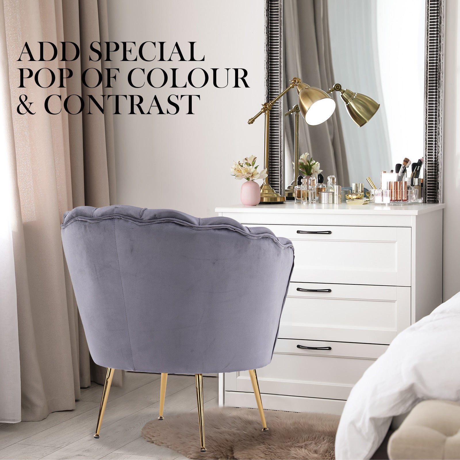 Scallop Shell Accent Chair & Ottoman Set – Grey – Single