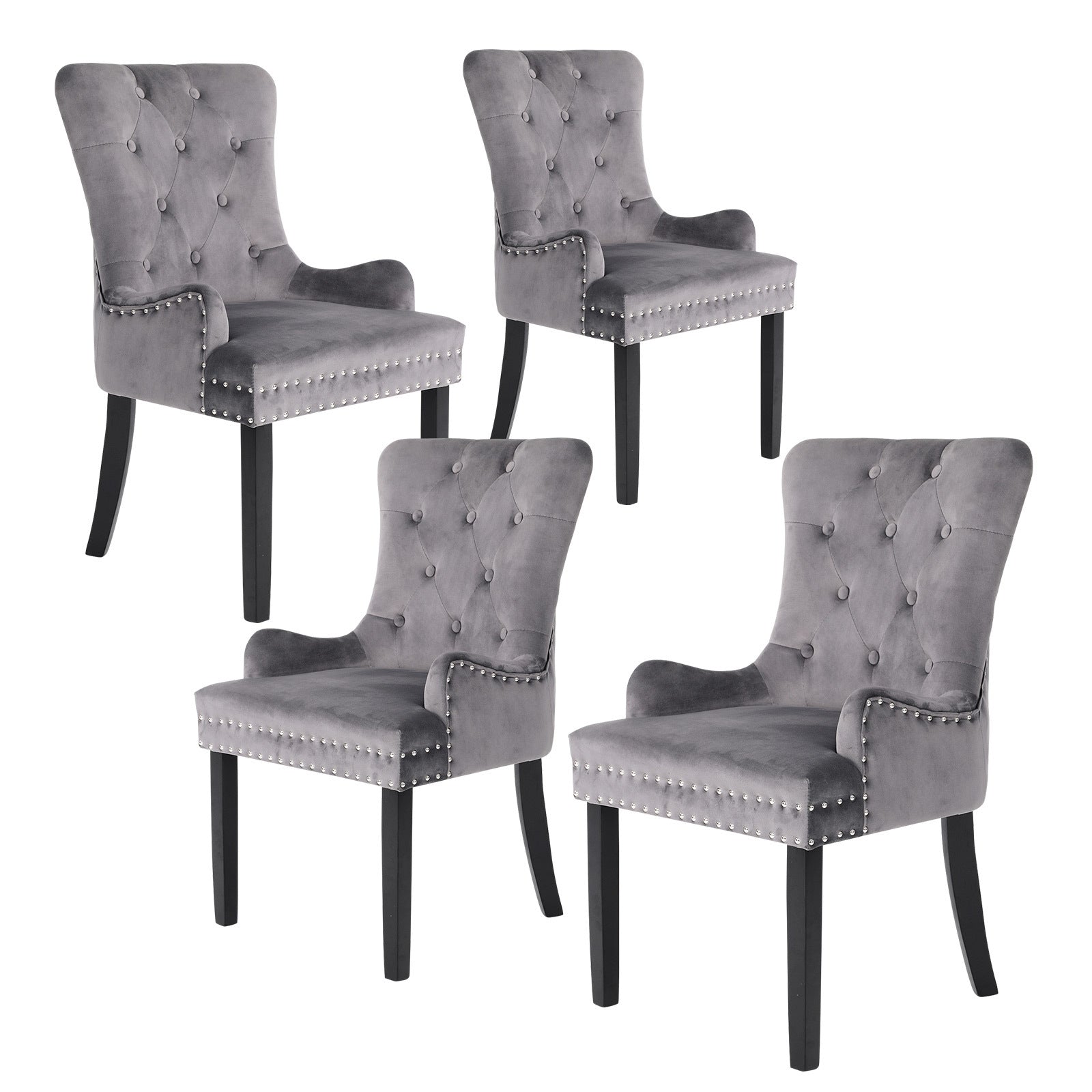 Arlo 4X French Provincial Dining Chair Ring Studded Velvet Rubberwood Leg LISSE GREY