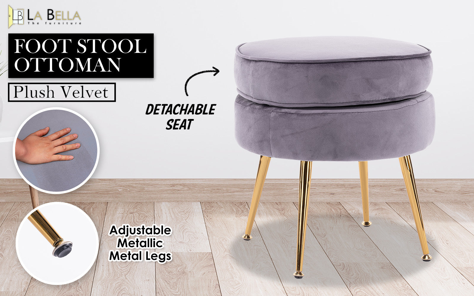 Serena Round Ottoman Footstool – Grey – Single