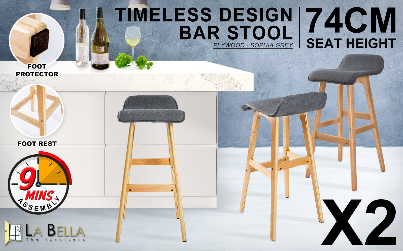 Kiara Fabric Bar Stools – Grey – Set of 2