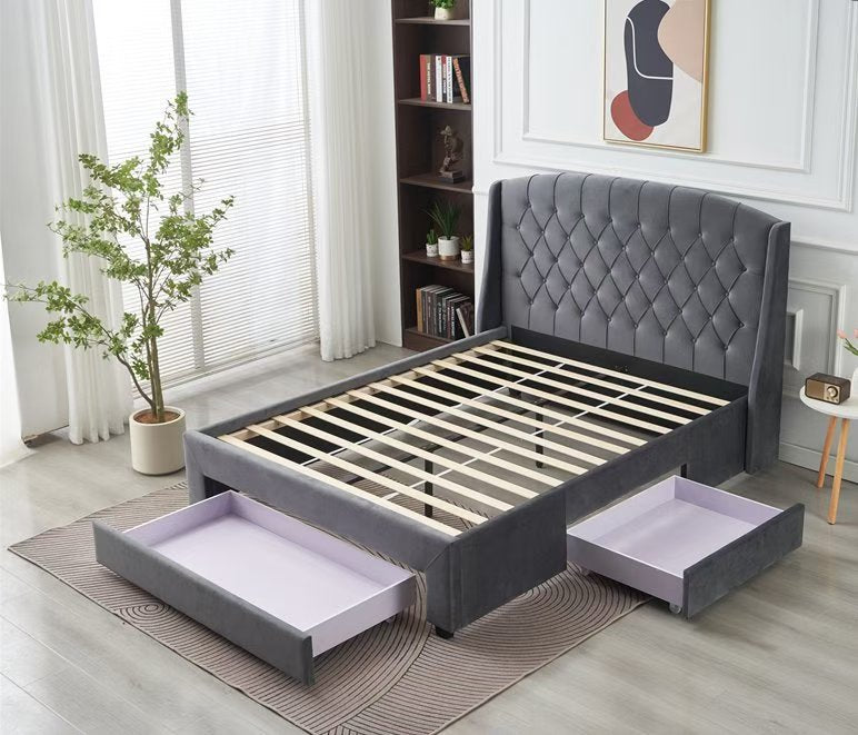 Alderon Tufted Velvet Storage Bed Frame – Dark Grey – Queen