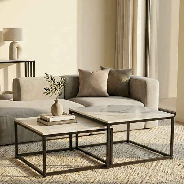 Ciest Square Nested Coffee Table Set - White Marble Stone
