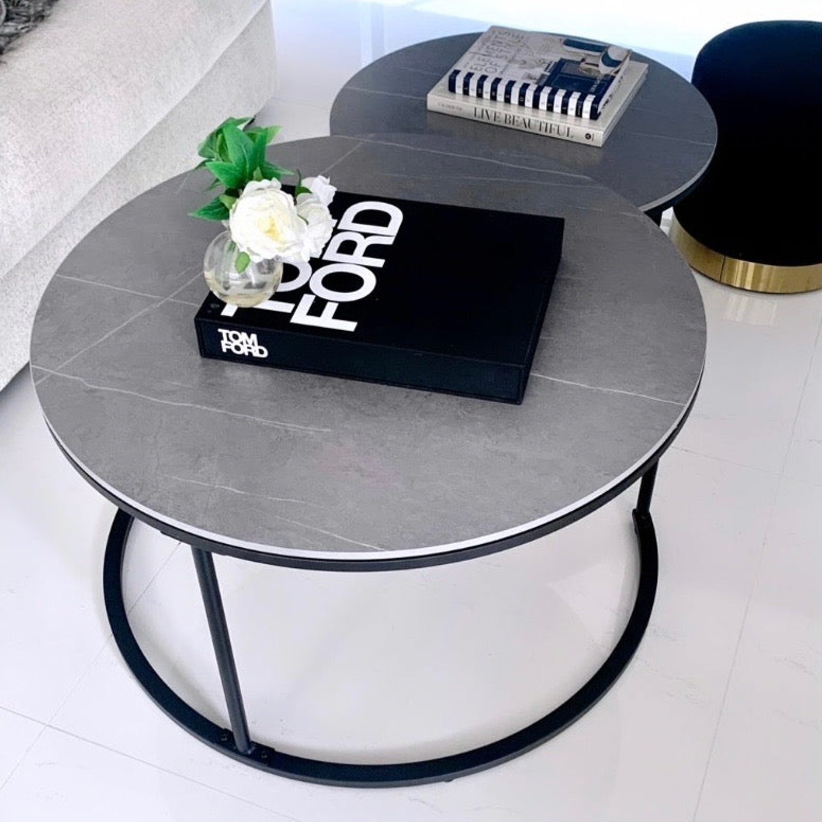 Executive Stone Nested Coffee Table Set – White – 2 Piece