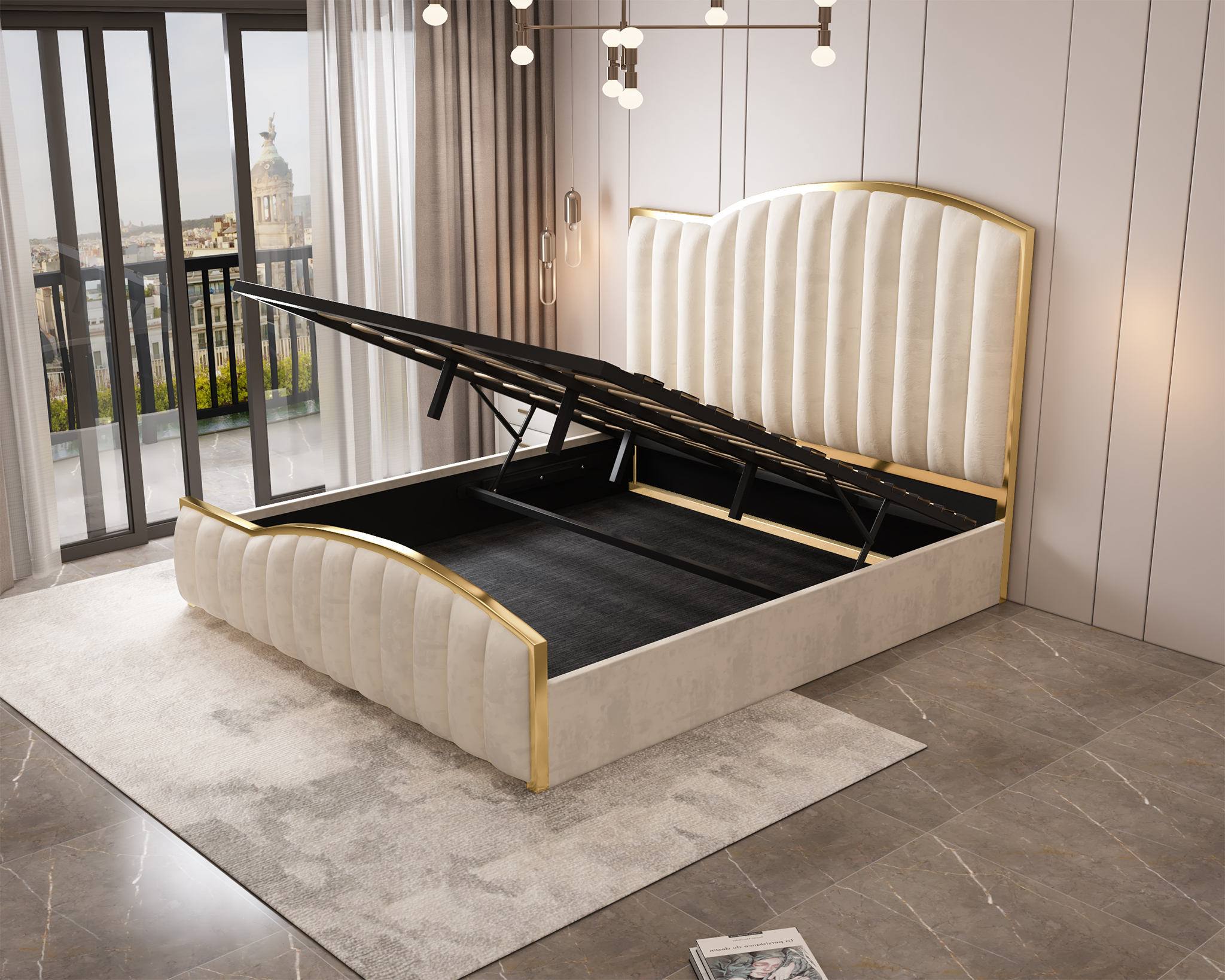 Starshine Velvet Gas Lift Bed Frame – Beige – King