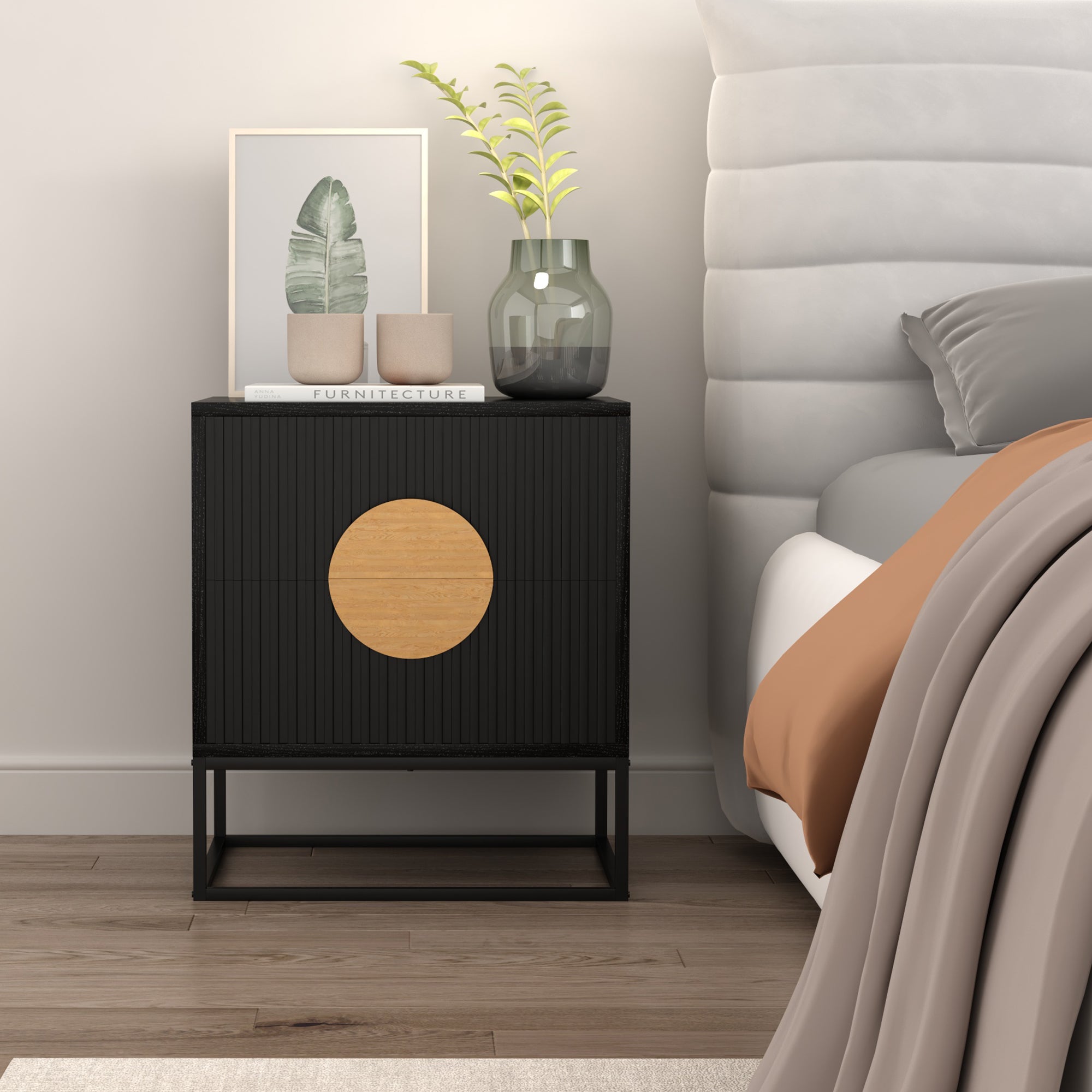 Halston Fluted Bedside Table – Black