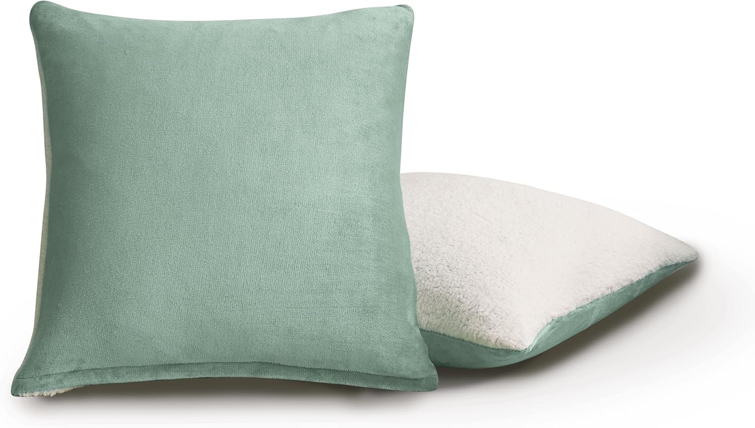 Teddy Sherpa Twin - Pack European Pillowcases - Soft Reversible Velvet & Sherpa Cushion Covers - Machine Washable with Zipper Closure - - Sage Green