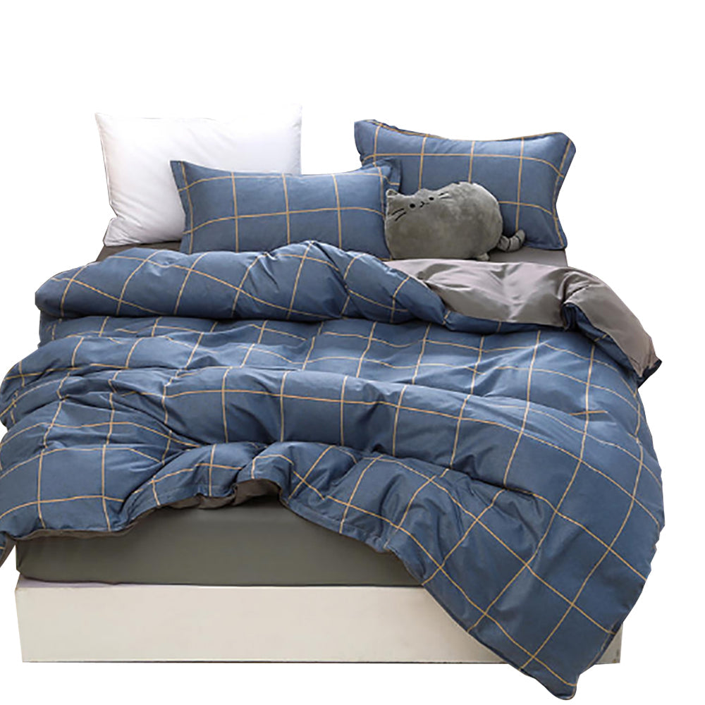 Blue Plaid Pattern Aloe Cotton Flat Sheet Quilt Cover Pillowcases 4pcs Bedding Set Duvet Doona Quilt Cover Set () – King