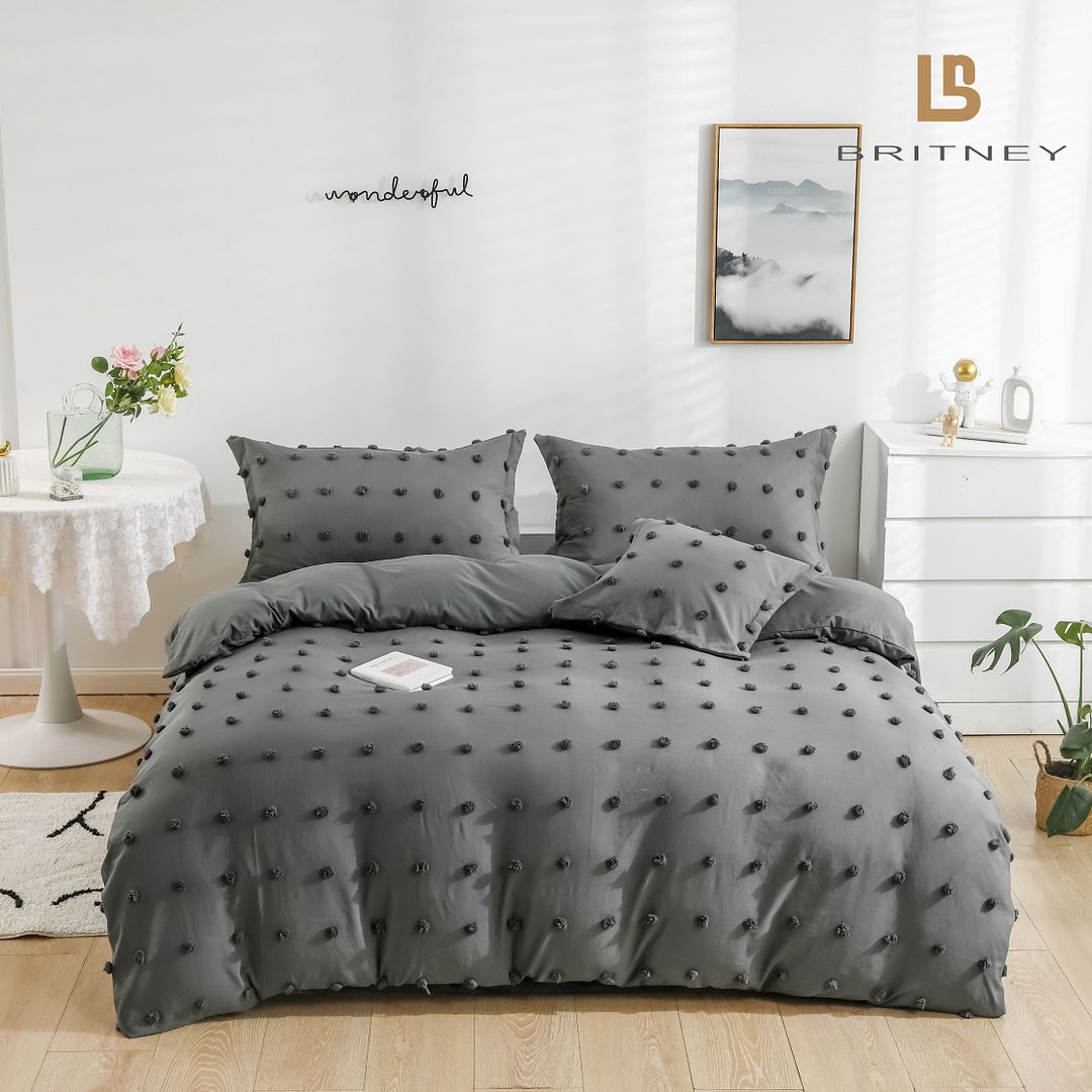 Elvara Tufted Dot Jacquard Quilt Cover / Duvet Cover Set – Charcoal – Queen