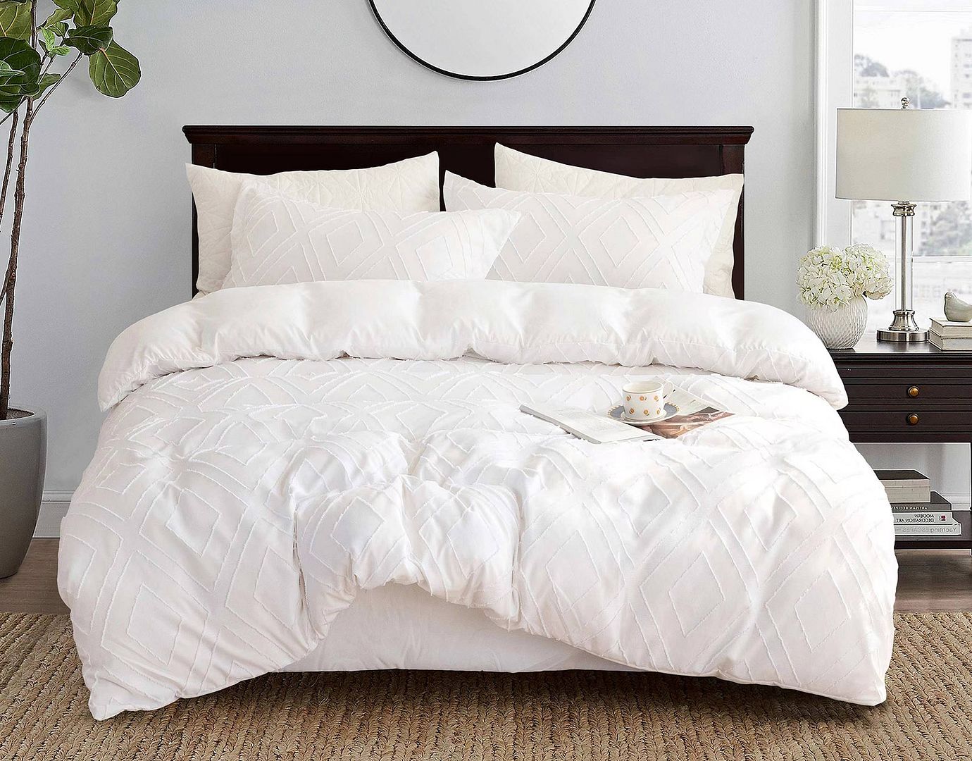 Tufted Diamond Jacquard White Duvet Quilt Cover Set – King