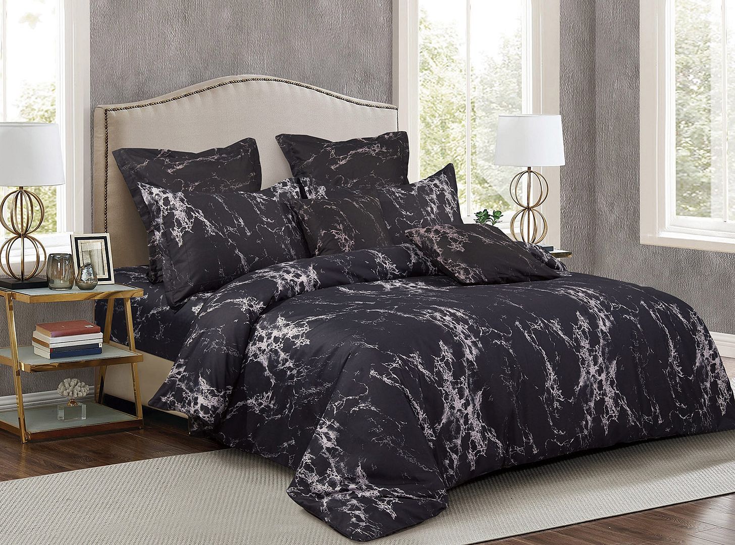 Rowan Duvet Quilt Cover Set – Black Marble – Queen
