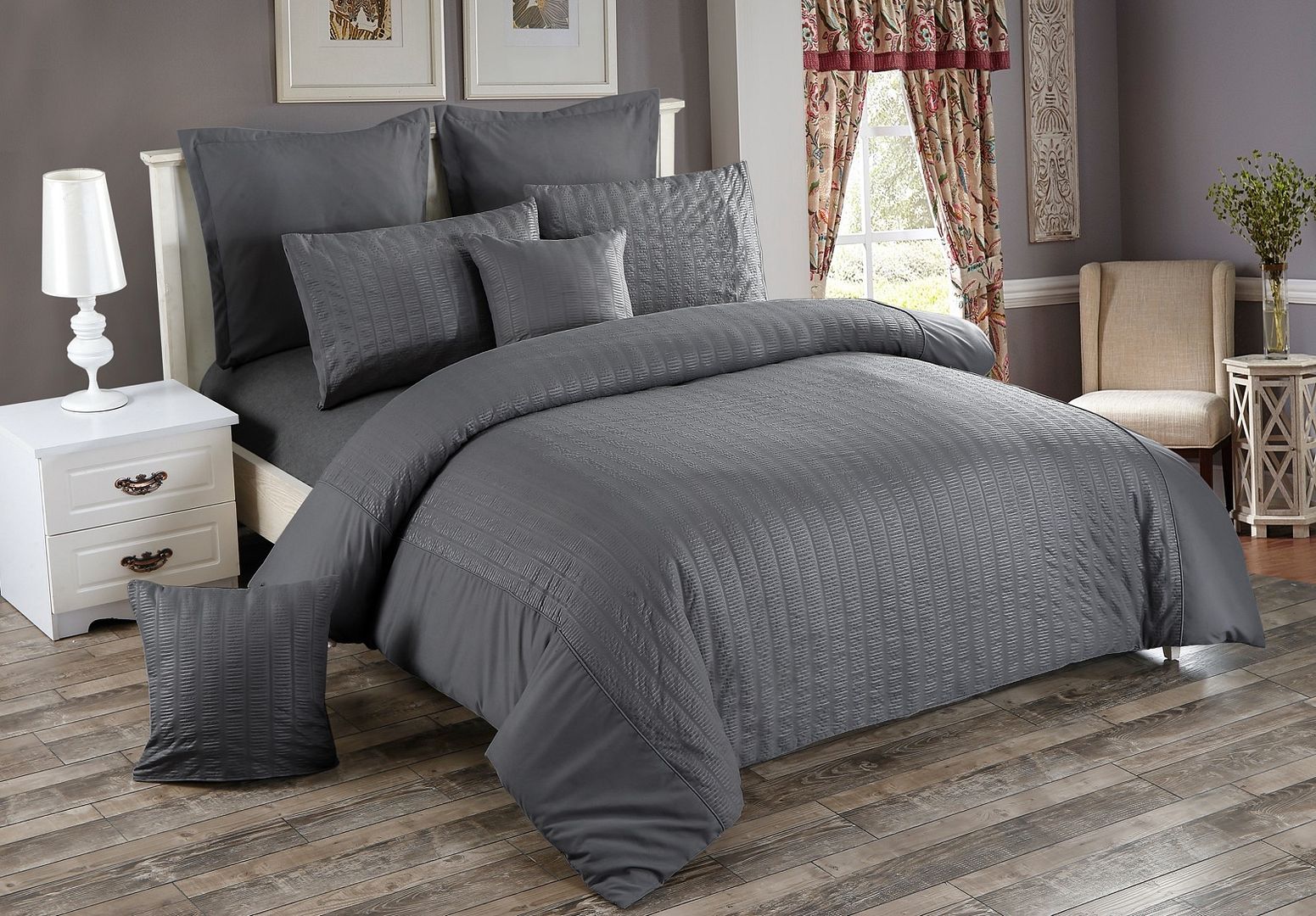 Avalon Seersucker Quilt Cover Set – Charcoal – Double