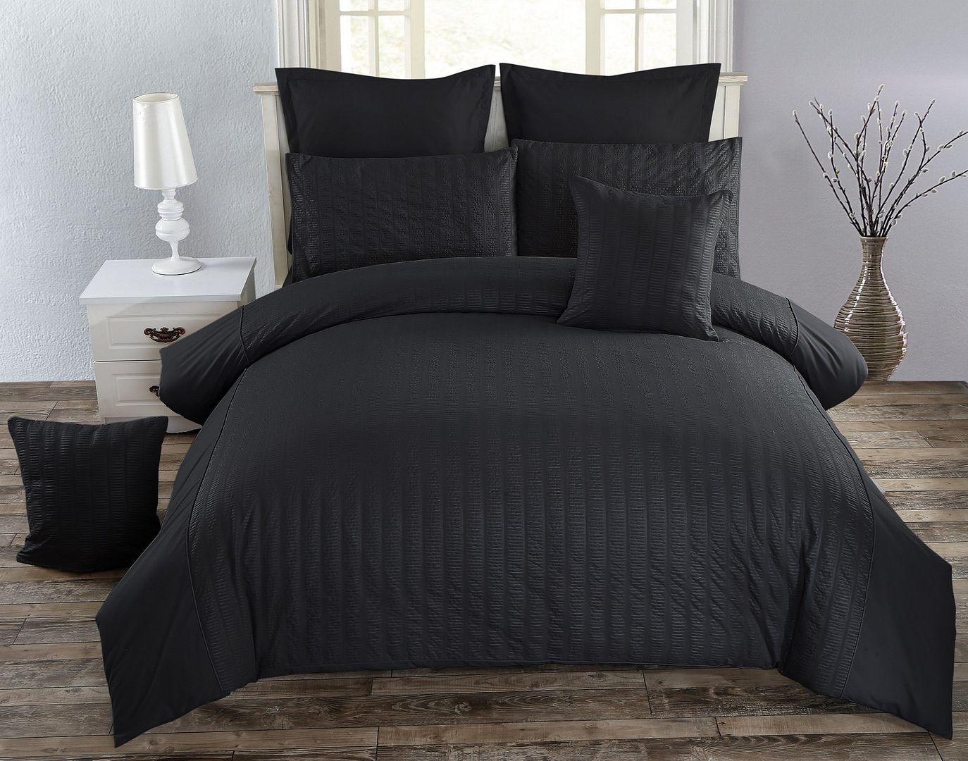 Seersucker Black Duvet Quilt Cover Set – King