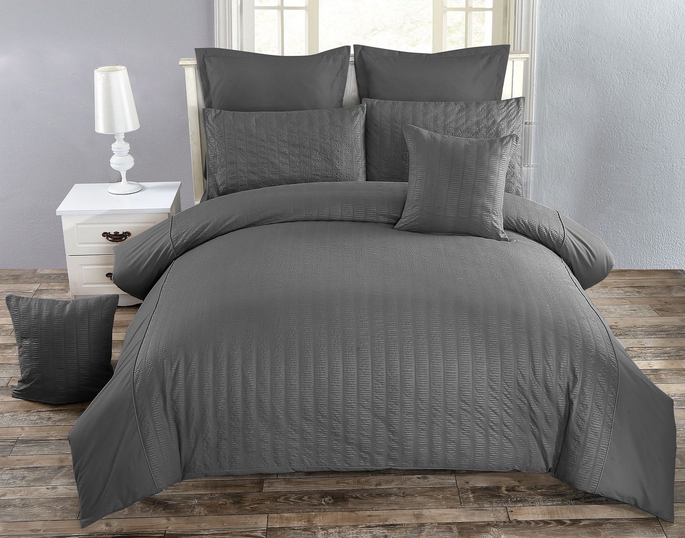 Seersucker Charcoal Duvet Quilt Cover Set – King