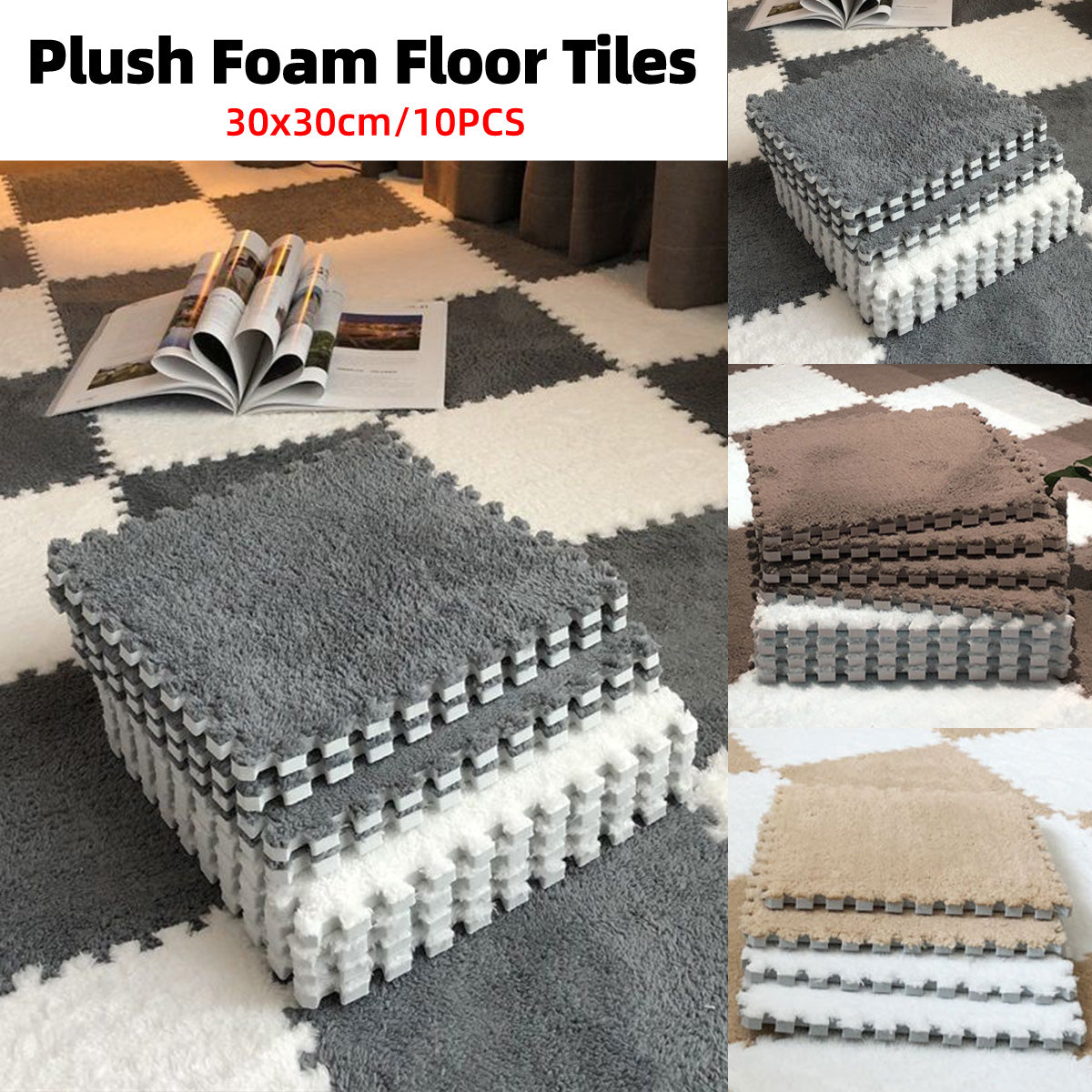 Foam Floor Mats Set 10PCS Shaggy Interlocking Tiles Soft for Kids Room Play Area - Camel - White