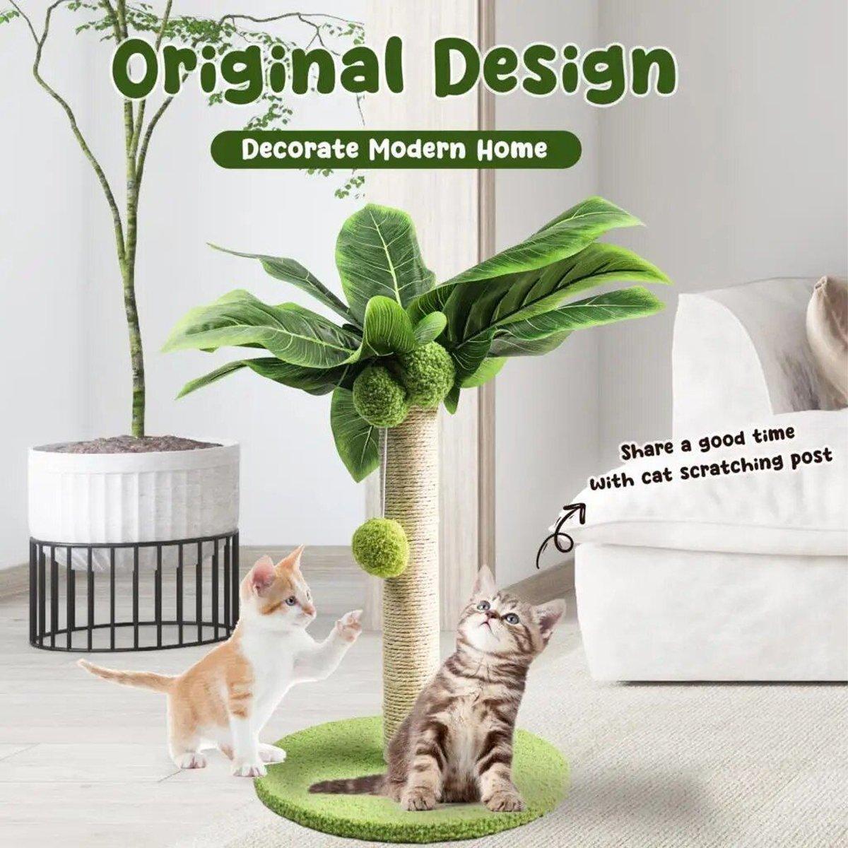 Tropical Coconut Tree Cat Scratching Post – Green & Beige – Small