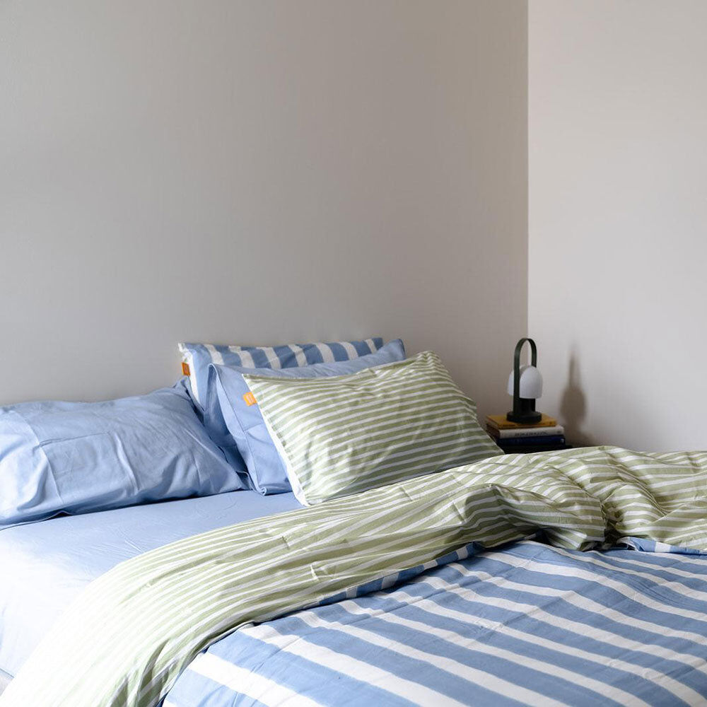 Haven Cotton Quilt Cover Set – Blue Green White Stripe – Super King