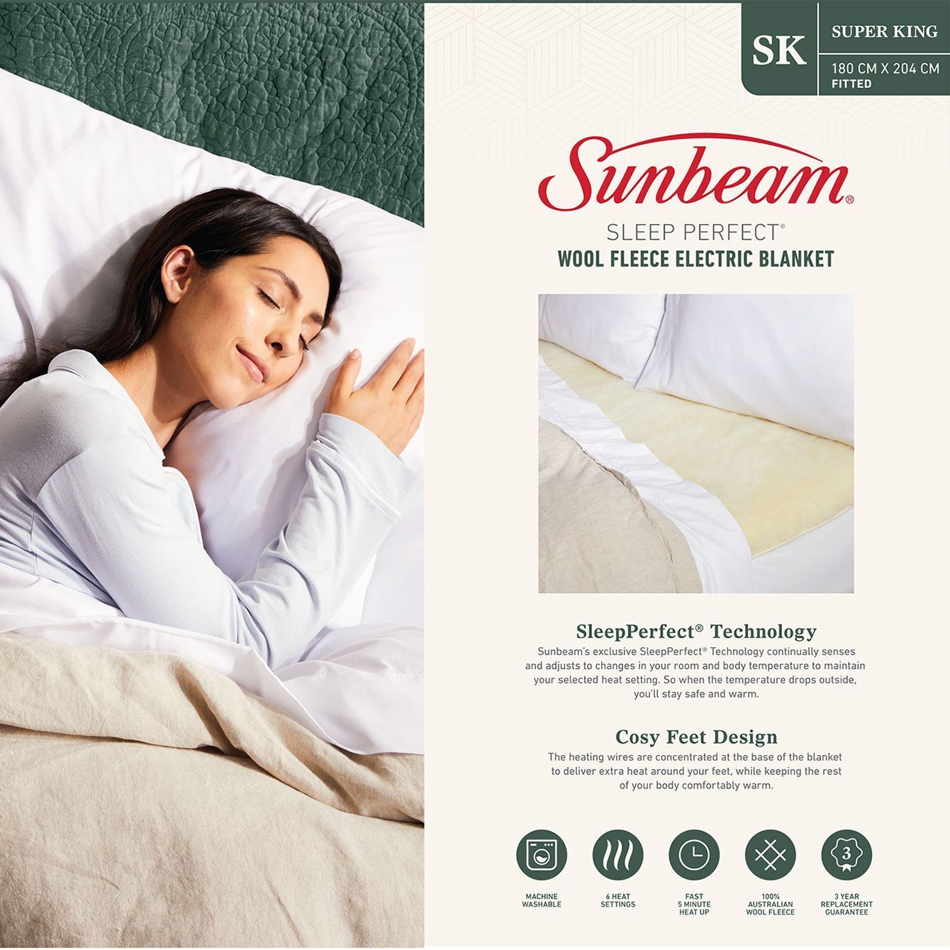 Sunbeam Sleep Perfect Wool Fleece Electric Blanket – Beige – Super King