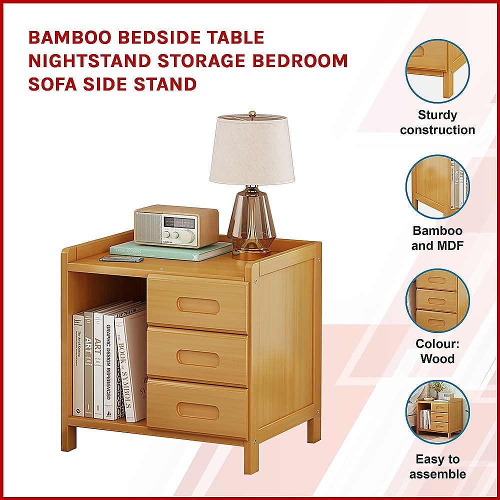 Tavira Bamboo Multi-Storage Bedside Table – Natural Wood – 40 cm