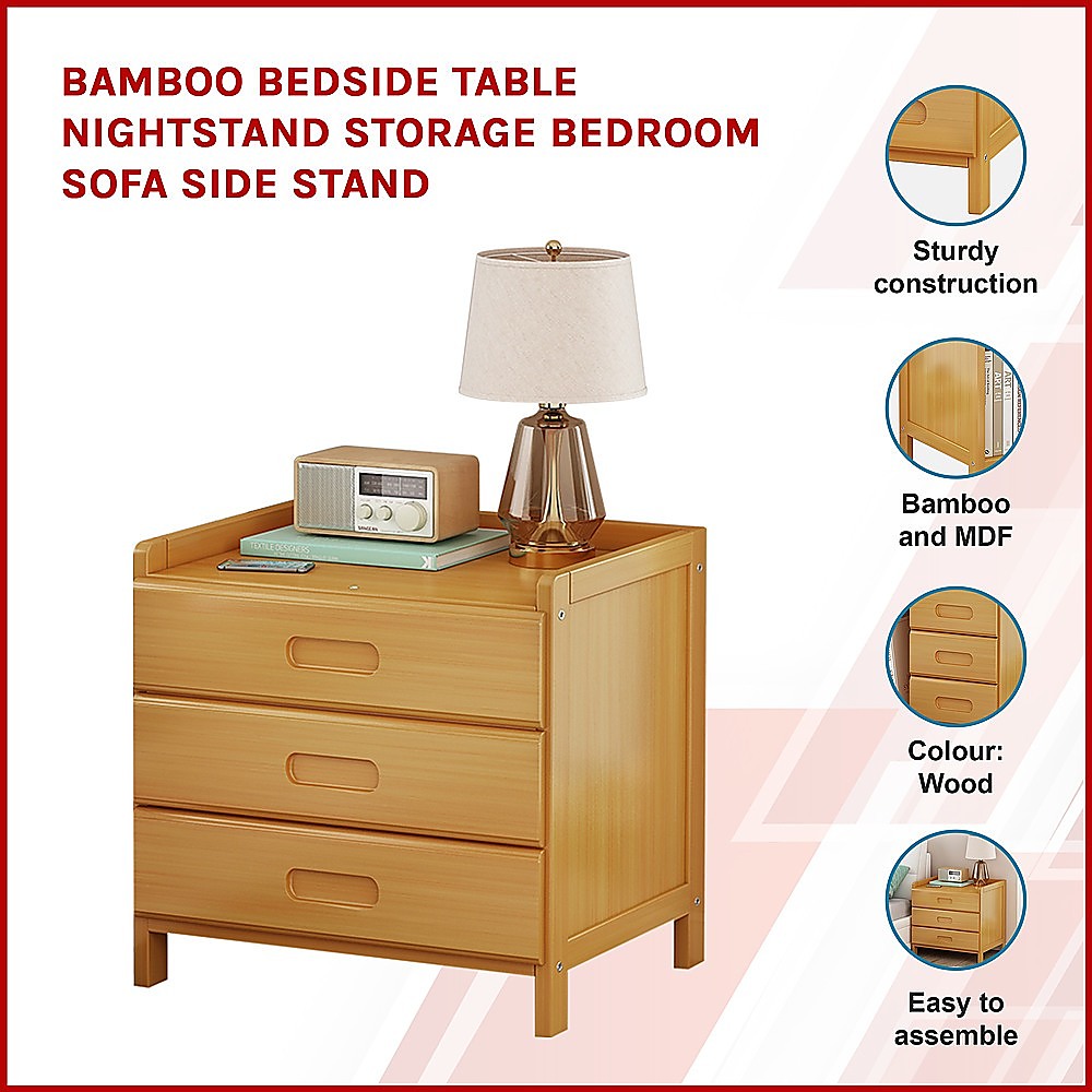 Aldora Bamboo Storage Bedside Table – Natural Wood – 40 cm